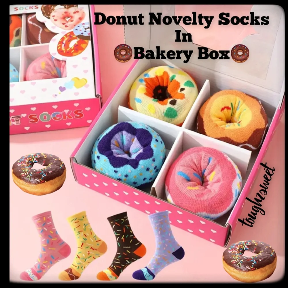 🆕️LAST BOX🍩DONUT NOVELTY COLORFUL UNIQUE SOCKS/ SET OF 4 IN BAKERY BOX